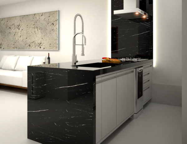 A black and white kitchen with a sink