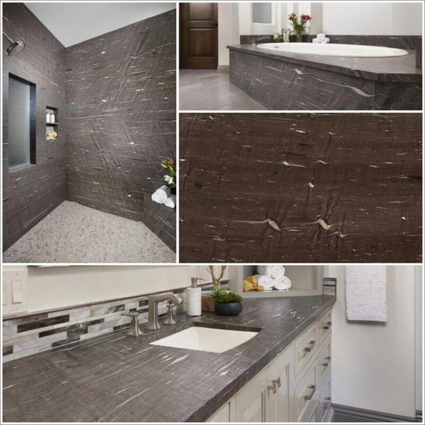 A collage of pictures showing the bathroom and kitchen.