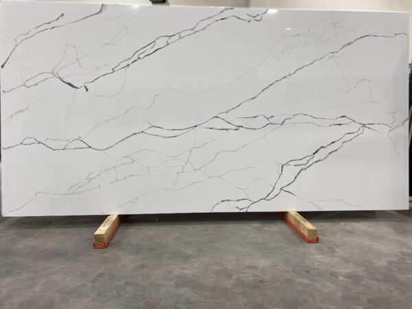 A slab of white marble with black veins.